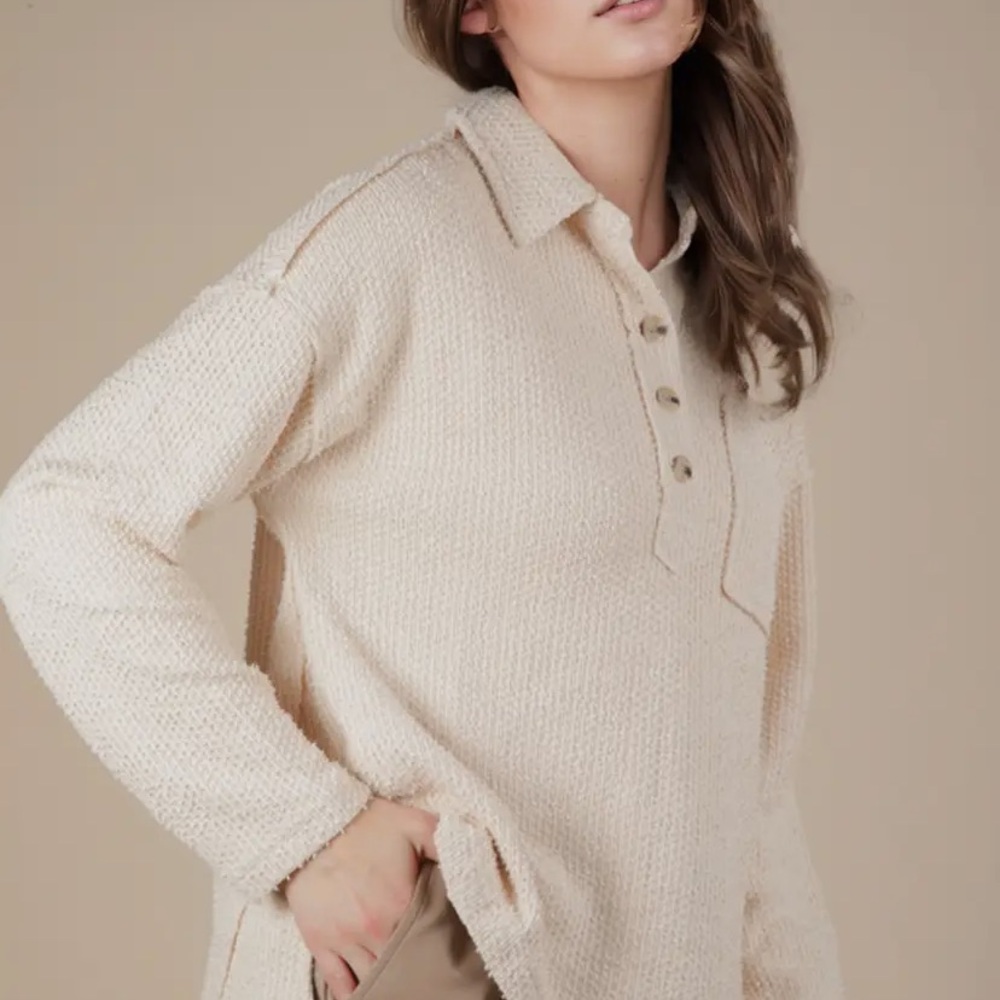 Cream Textured Button-Up Sweater
